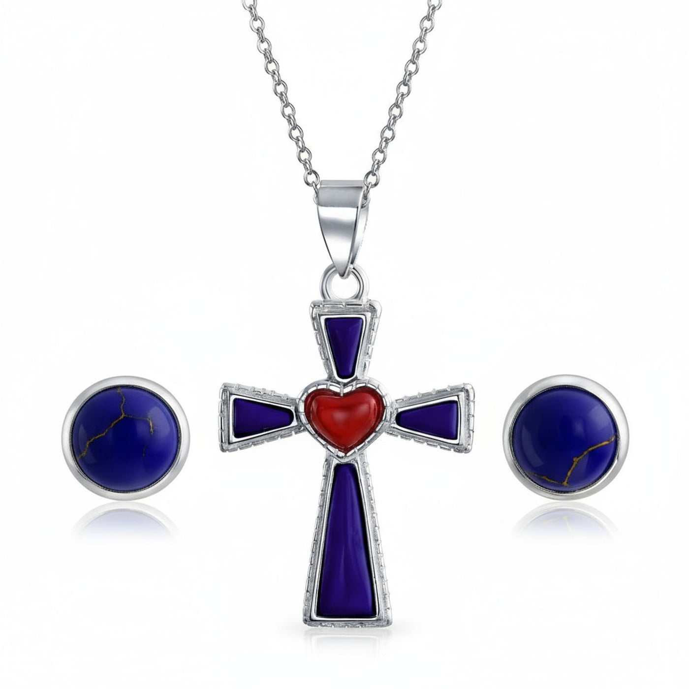 Blue Lapis Heart Cross Necklace & Dome Stud Earrings Jewelry Set Sterling Silver