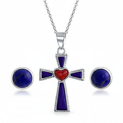 Blue Lapis Heart Cross Necklace & Dome Stud Earrings Jewelry Set Sterling Silver
