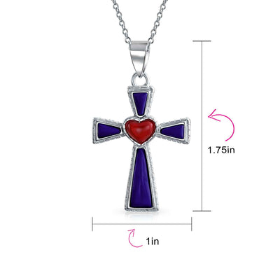 Blue Lapis Heart Cross Necklace & Dome Stud Earrings Jewelry Set Sterling Silver