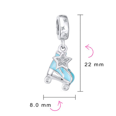 Sports Blue Roller Skates Dangling Bead Charm .925 Silver
