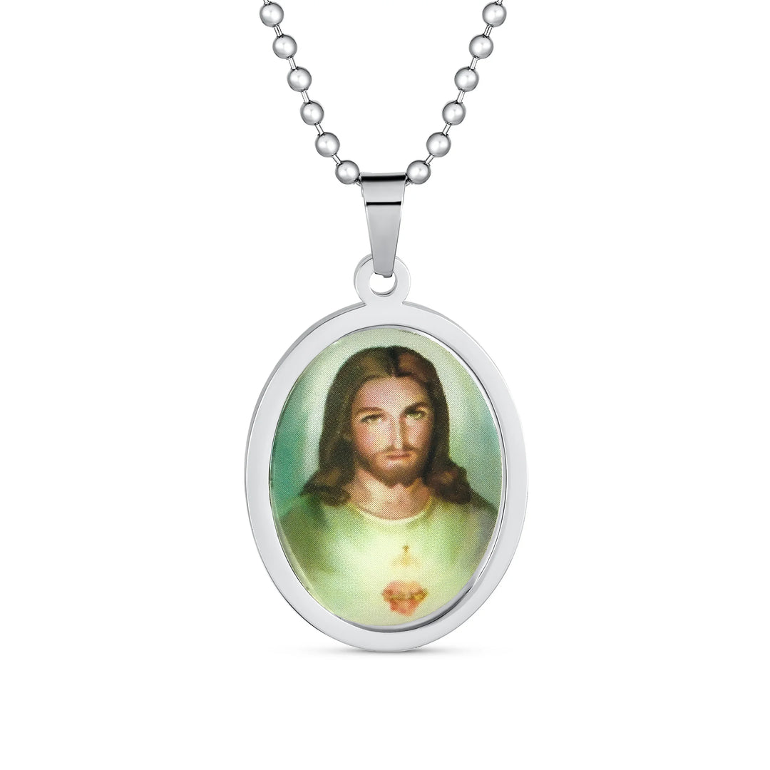 Unisex Oval Sacred Heart Jesus Pendant Necklace Silver Stainless
