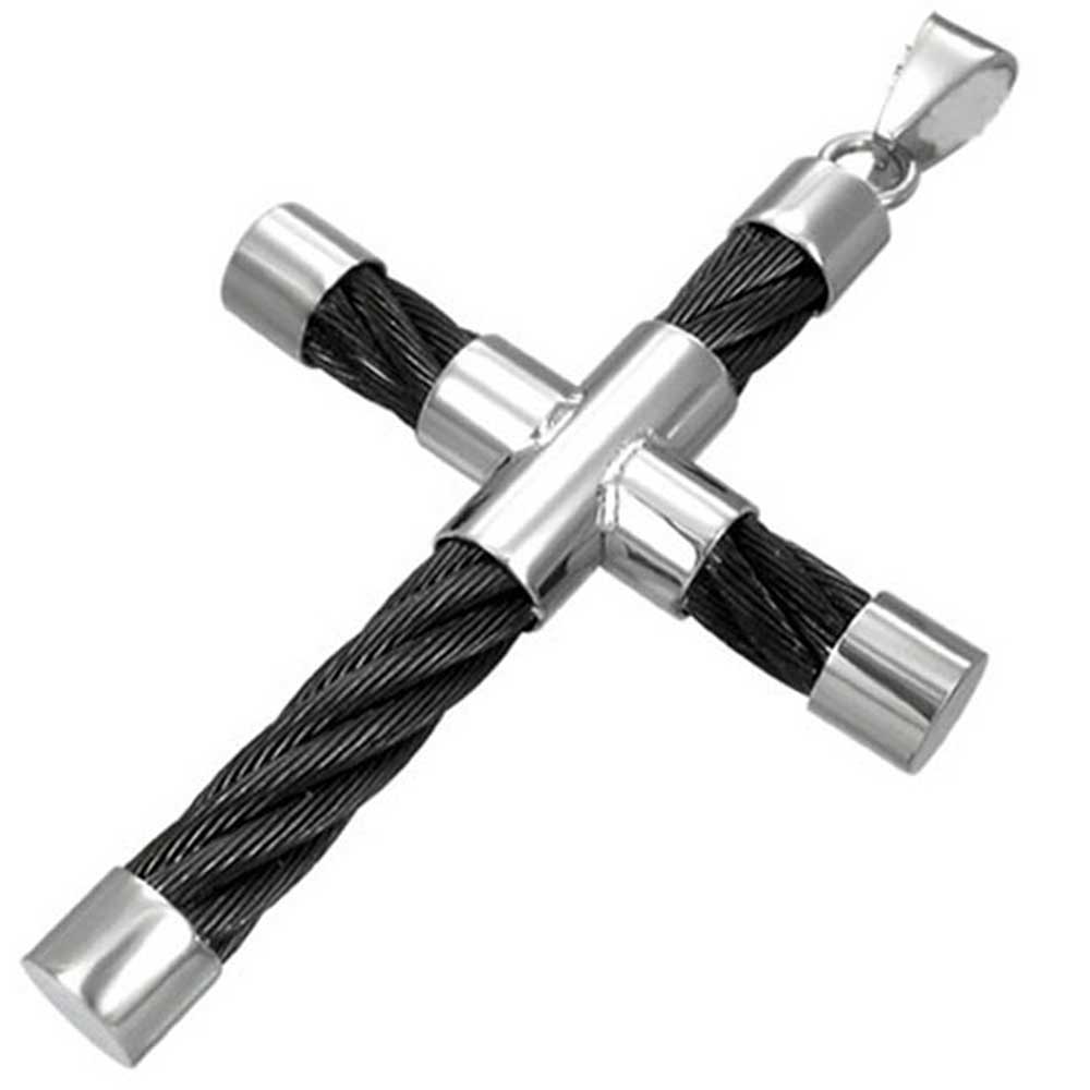 Black Cable Cross Pendant Unisex Black Silver Stainless Steel Bead