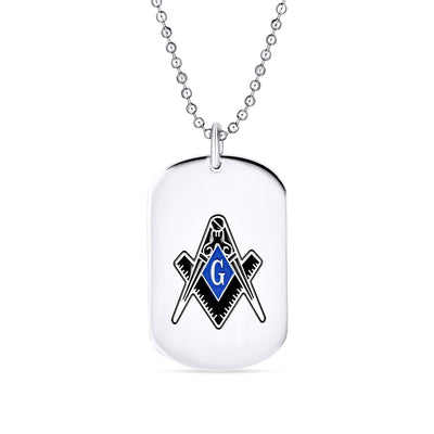 Set of 2 Black Blue Freemason Compass Masonic Dog Tag Necklace Stainless Steel