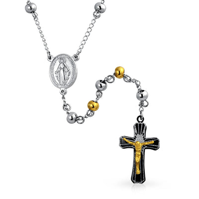 Mens Virgin Mary Rosary Crucifix Necklace Tri Color Stainless Steel