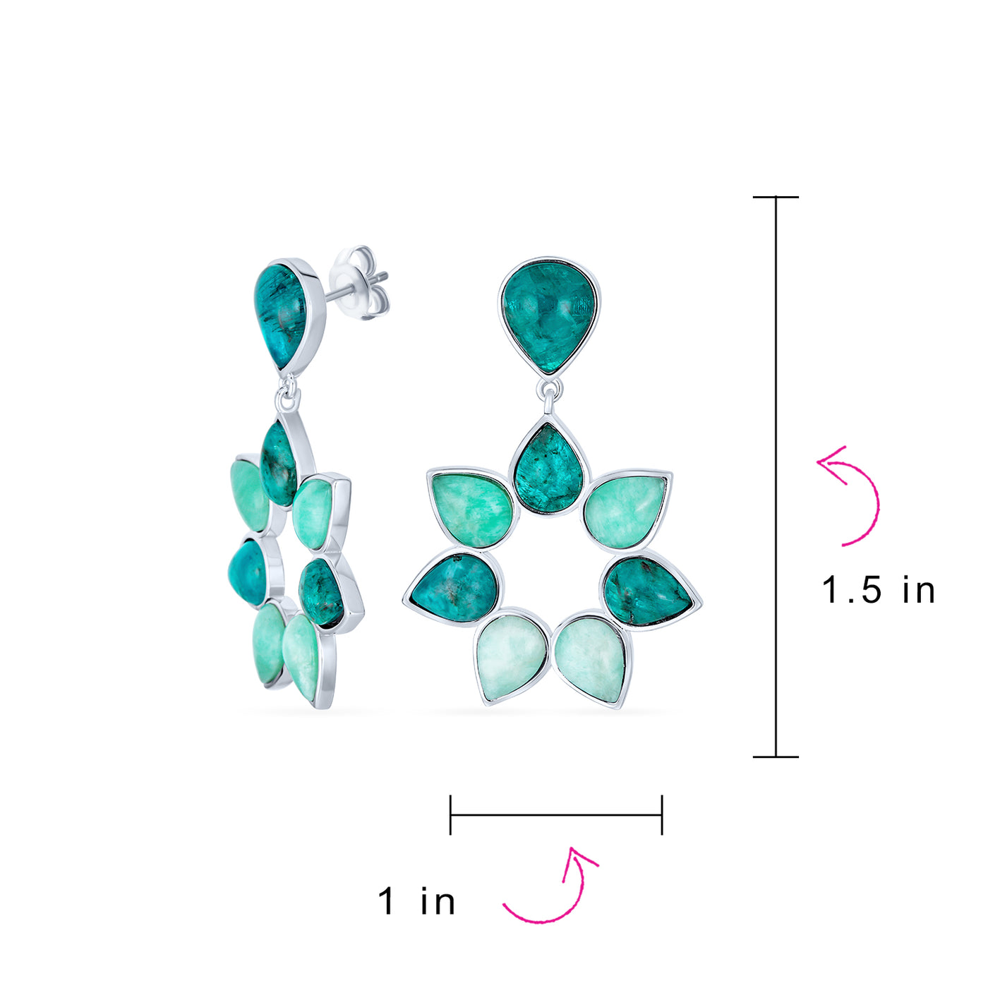 Teal Green Blue Apatite & Brazil Amazonite Petals Flower Drop Earrings