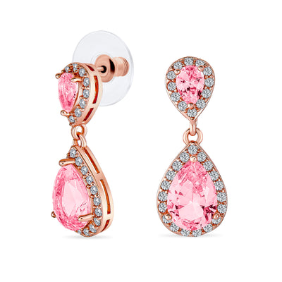 Set of 2 Bridal Pink & Clear CZ Dangle Chandelier Earrings Rose Gold Plated