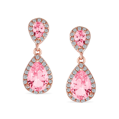 Set of 2 Bridal Pink & Clear CZ Dangle Chandelier Earrings Rose Gold Plated