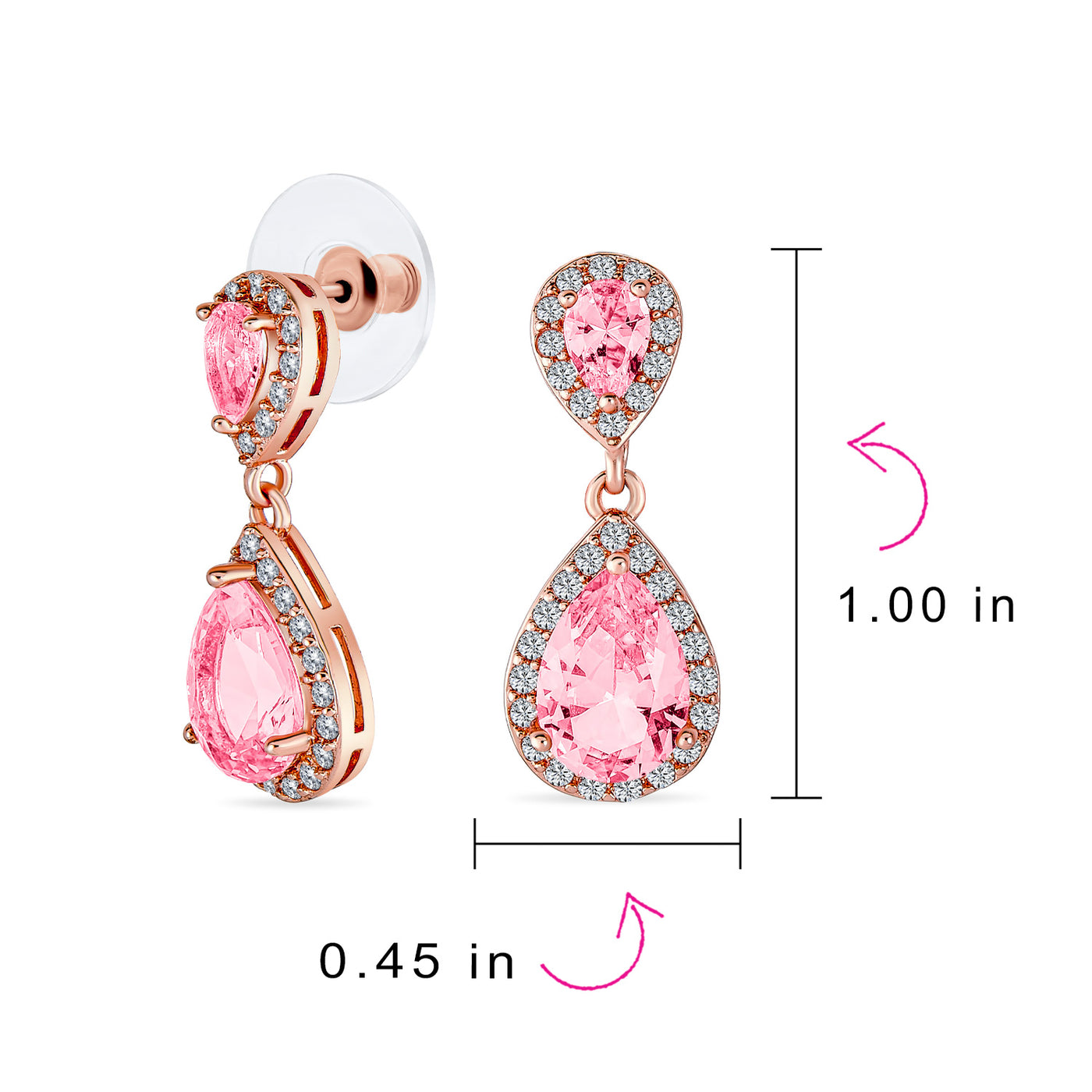 Set of 2 Bridal Pink & Clear CZ Dangle Chandelier Earrings Rose Gold Plated