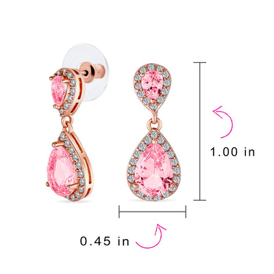 Set of 2 Bridal Pink & Clear CZ Dangle Chandelier Earrings Rose Gold Plated
