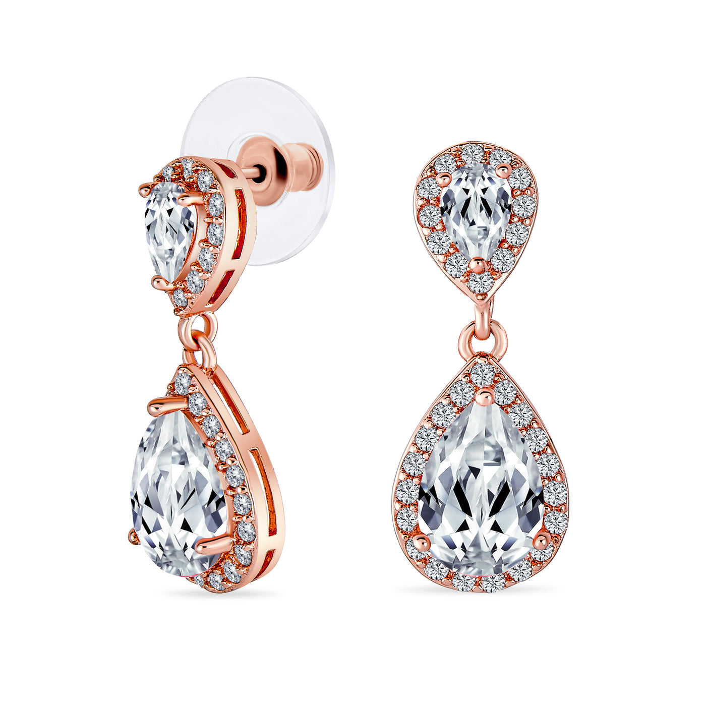 Set of 2 Bridal Pink & Clear CZ Dangle Chandelier Earrings Rose Gold Plated