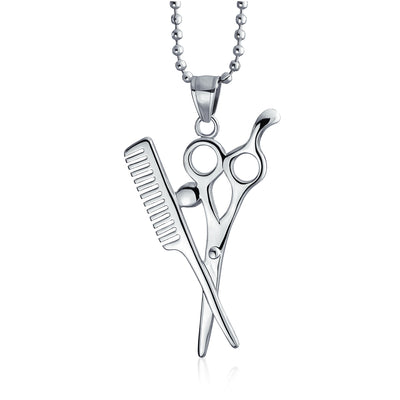 Unisex Hair Stylist Scissors Comb Crystal Pendant Necklace Stainless Steel