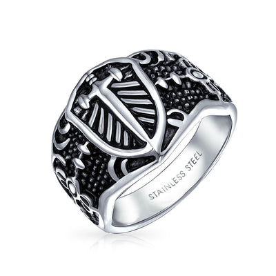 Men’s Viking Shield Fleur De Lis Cross Signet Ring Oxidized Stainless Steel