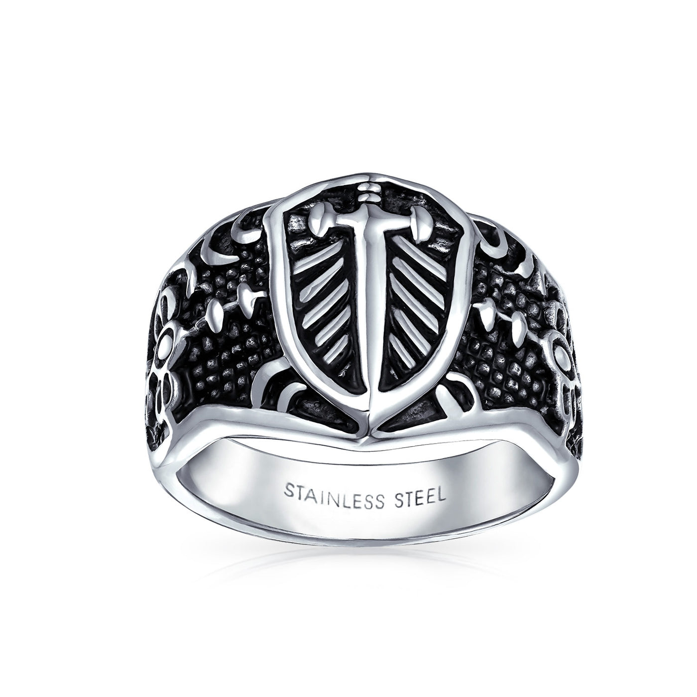 Men’s Viking Shield Fleur De Lis Cross Signet Ring Oxidized Stainless Steel