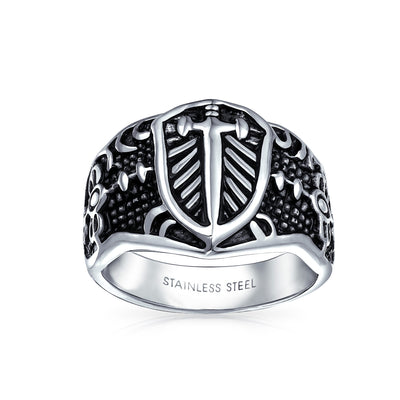 Men’s Viking Shield Fleur De Lis Cross Signet Ring Oxidized Stainless Steel