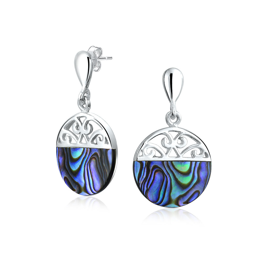 Filigree Flat Circle Round Disc Abalone Drop Earrings Sterling