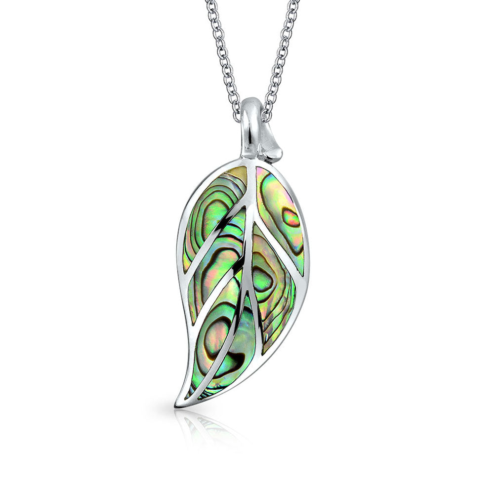 Large Leaf Dangle Pendant Abalone Shell Necklace .925 Sterling Silver