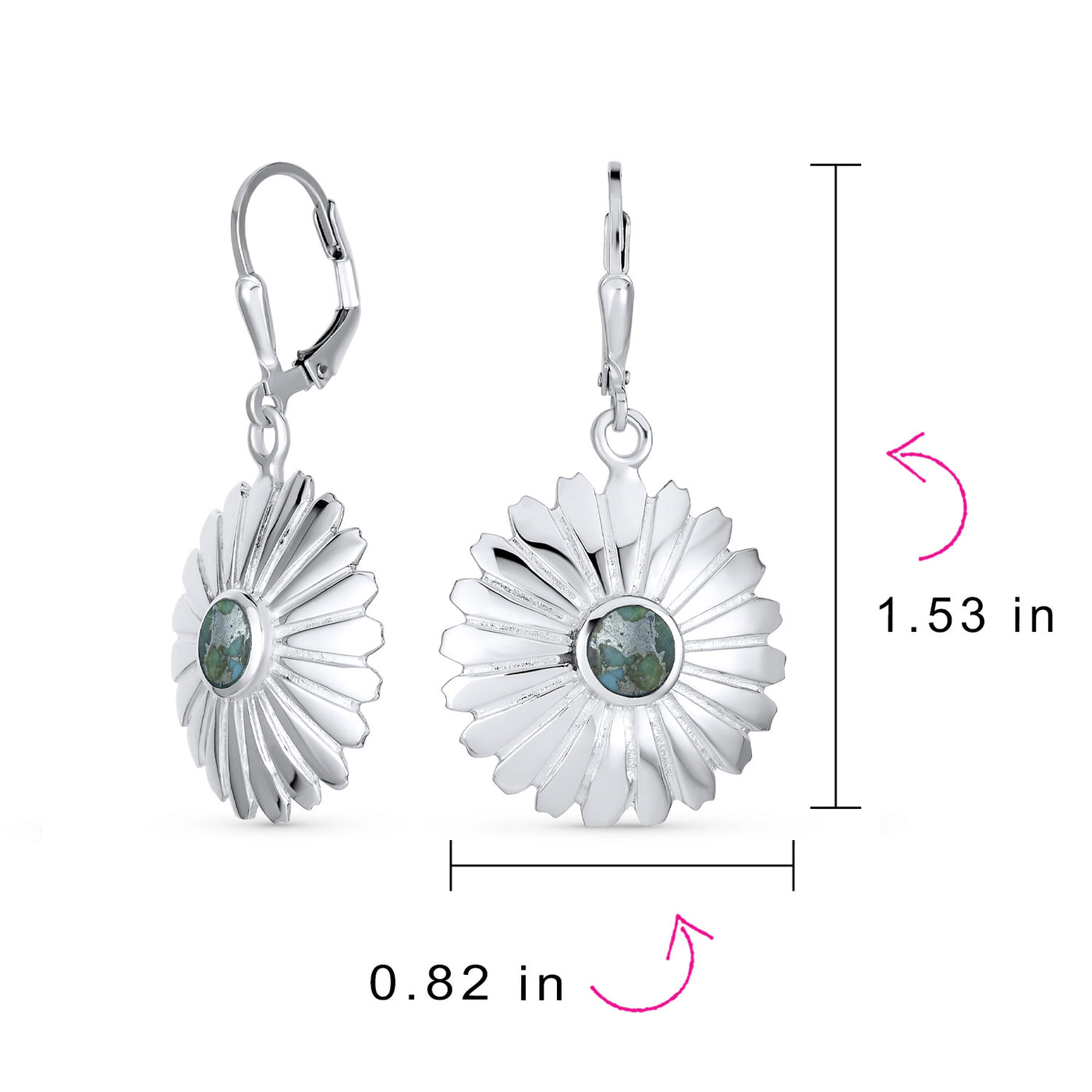 Carved Flower Blossom Turquoise Dangle Western Earrings .925 Silver
