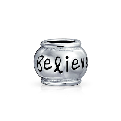 Set of 2 Word Faith & Believe Message Charm Bead Sterling Silver for Bracelet