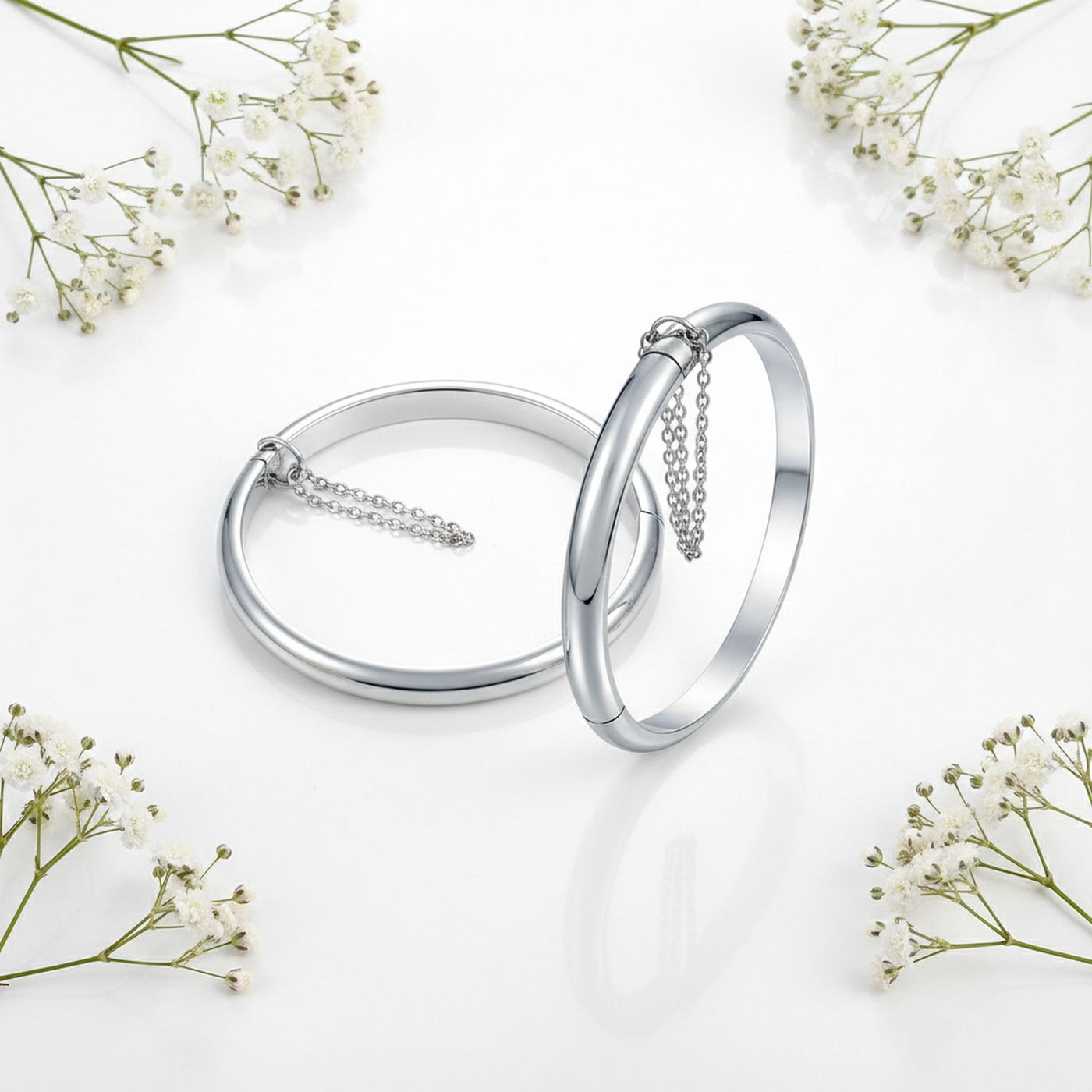 Set of 2 Small Dome Cuff Bangle Bracelet with Chain Sterling Silver 5 Inch