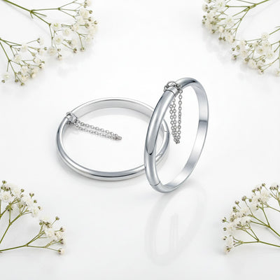 Set of 2 Small Dome Cuff Bangle Bracelet with Chain Sterling Silver 5 Inch