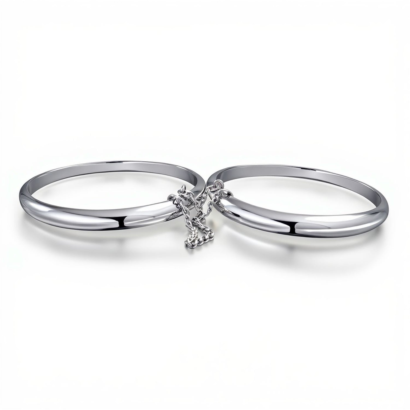 Set of 2 Small Dome Cuff Bangle Bracelet with Chain Sterling Silver 5 Inch