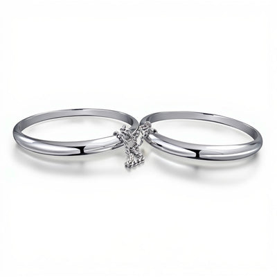 Set of 2 Small Dome Cuff Bangle Bracelet with Chain Sterling Silver 5 Inch