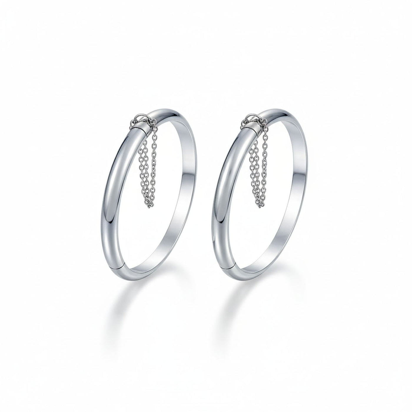 Set of 2 Small Dome Cuff Bangle Bracelet with Chain Sterling Silver 5 Inch