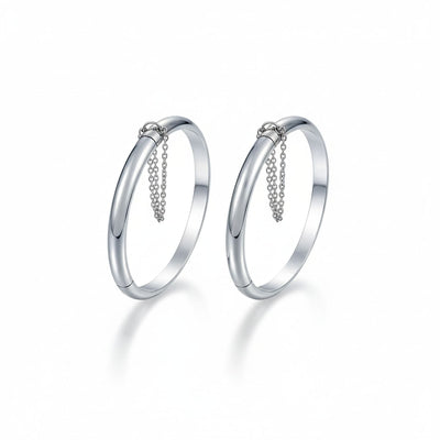 Set of 2 Small Dome Cuff Bangle Bracelet with Chain Sterling Silver 5 Inch