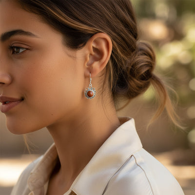 Bali Style Dangle Earrings Orange Red Coral Silver Leverback