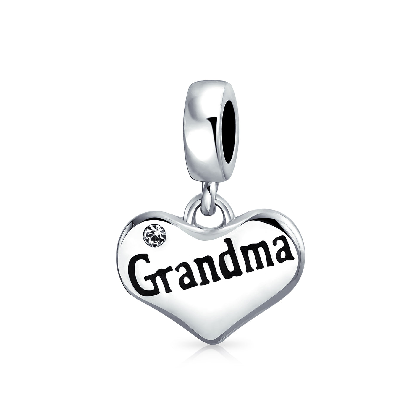 Sterling Silver "Grandma" Heart Charm Bead With CZ Crystal - Fits 3mm European Charm Bracelets