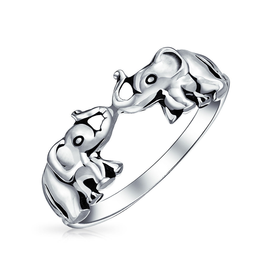 Good Luck Zoo Animal Two Elephants Ring Oxidized .925 Sterling Silver