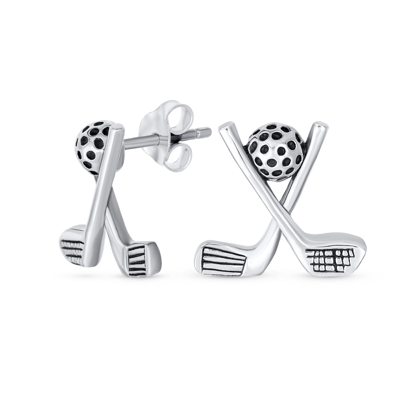 Set of 2 Golf Ball & Club Dangle and Stud Earrings Oxidized Sterling Silver