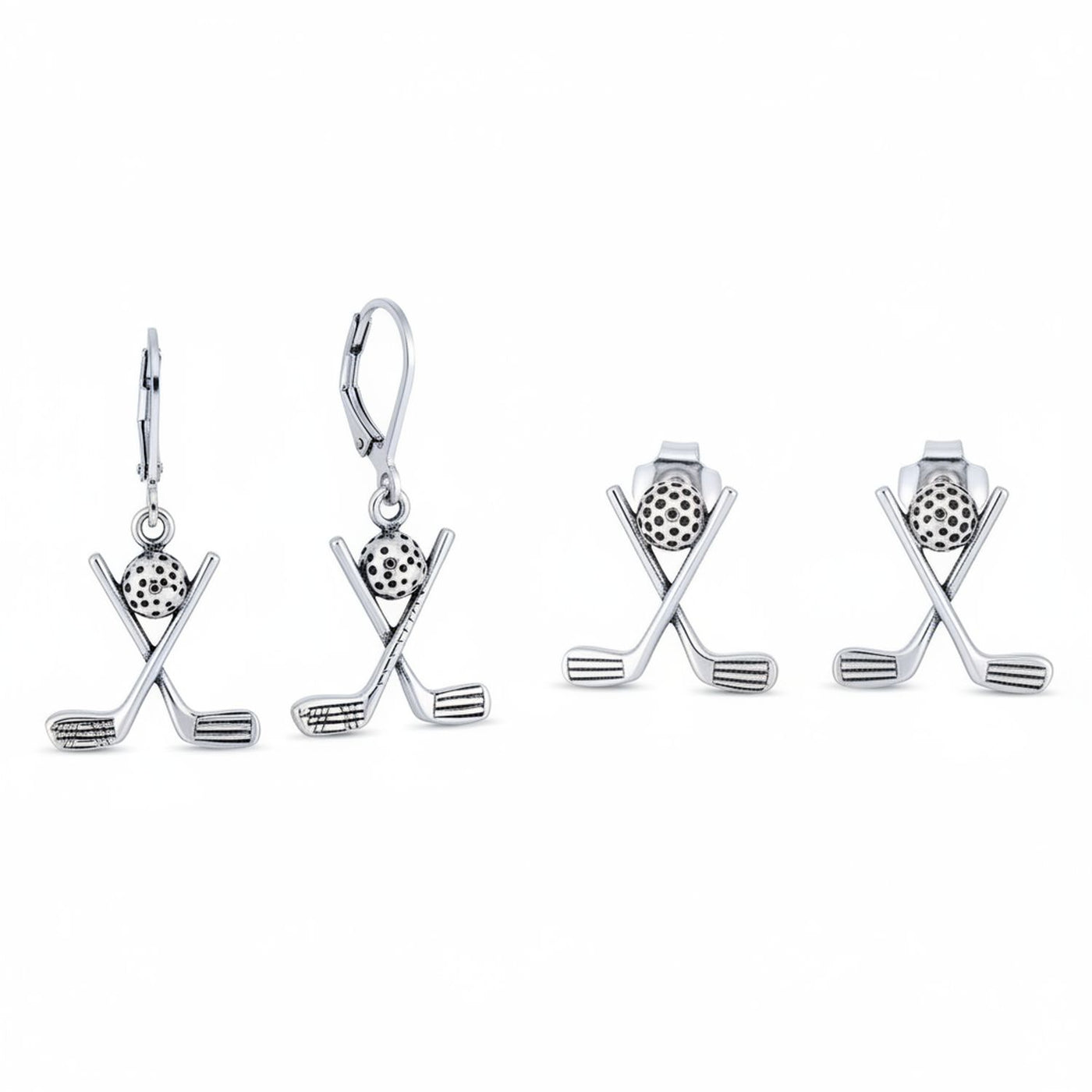 Set of 2 Golf Ball & Club Dangle and Stud Earrings Oxidized Sterling Silver