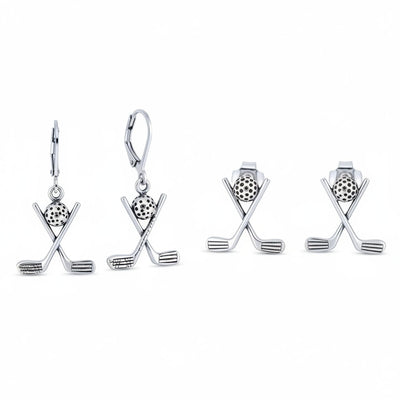 Set of 2 Golf Ball & Club Dangle and Stud Earrings Oxidized Sterling Silver