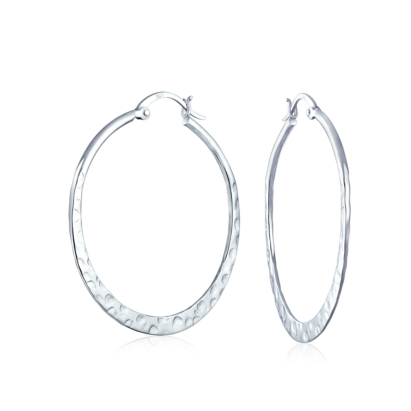 Boho Hammered Flat Hoop Earrings .925 Sterling Silver 1 5 Inch Dia