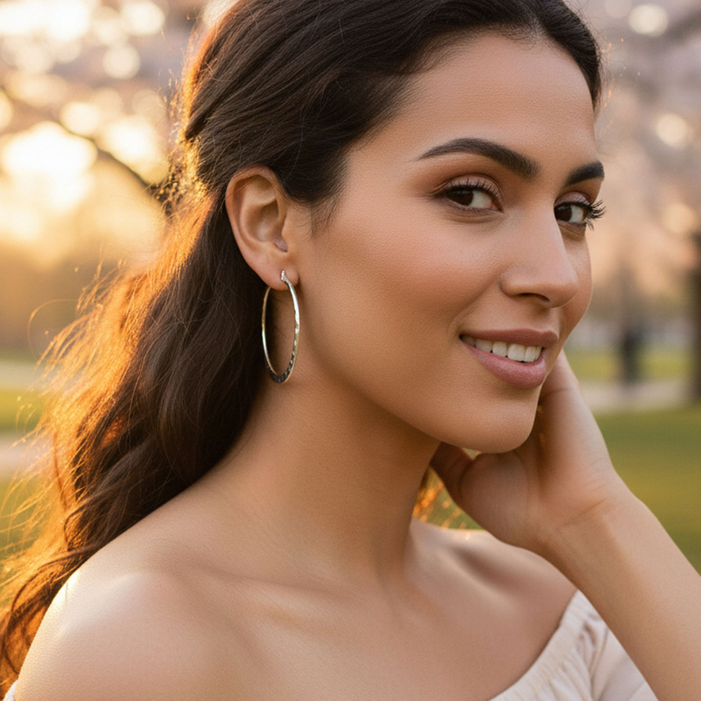 Boho Hammered Flat Hoop Huggie Earrings in Silver 1.5 Inch