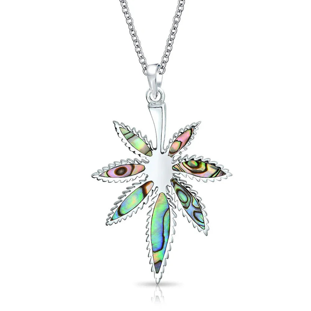 Unisex Rainbow Abalone Shell Marijuana Leaf Pendant Necklace with Silv ...