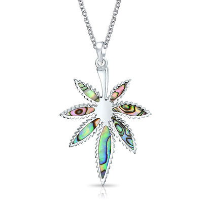 Rainbow Abalone Marijuana Leaf Necklace & Earrings Jewelry Set Sterling Silver