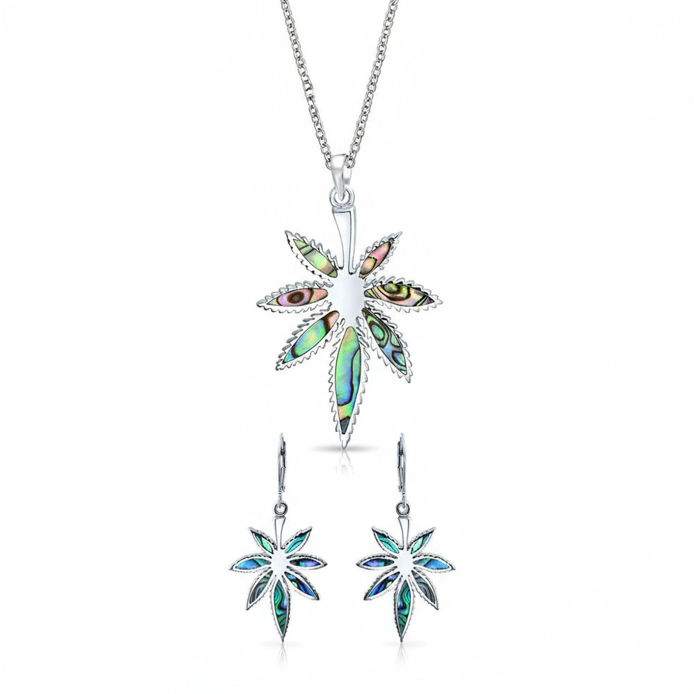 Rainbow Abalone Marijuana Leaf Necklace & Earrings Jewelry Set Sterling Silver