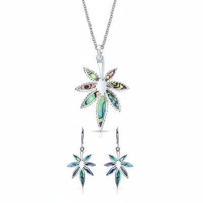 Rainbow Abalone Marijuana Leaf Necklace & Earrings Jewelry Set Sterling Silver