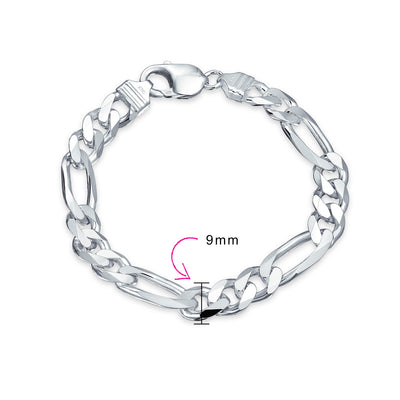 Men's Thick Heavy  Sterling Silver Figaro Chain Link Bracelet 9MM 8 Inch - Bling Jewelry
