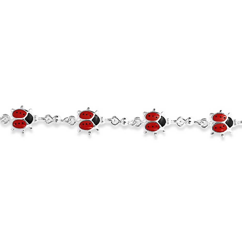 Good Luck Chain Link Bracelet Red Ladybugs Charms Sterling Silver 7-7.5 Inch