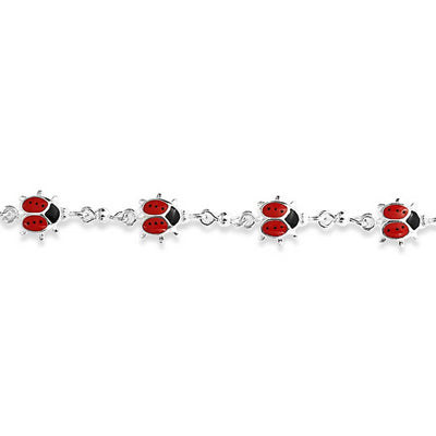 Good Luck Chain Link Bracelet Red Ladybugs Charms Sterling Silver 7-7.5 Inch
