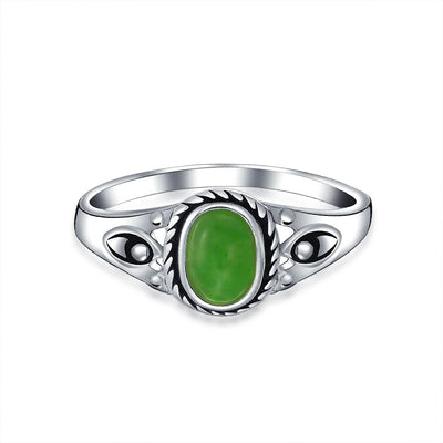 Boho Oval Dyed Green Jade Bezel Filigree Band Ring .925 Sterling Silver
