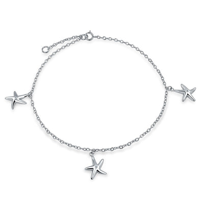 3 Trio Multi Starfish Charm Anklet Link Ankle Bracelet Sterling Silver