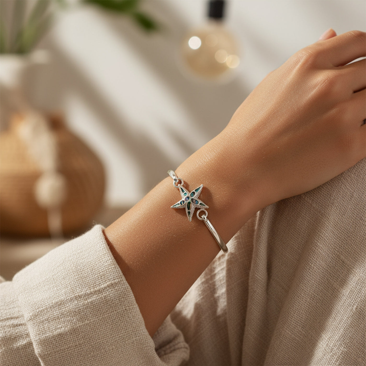 Nautical Marine Life Abalone Shell Starfish Bangle Bracelet in Sterling Silver
