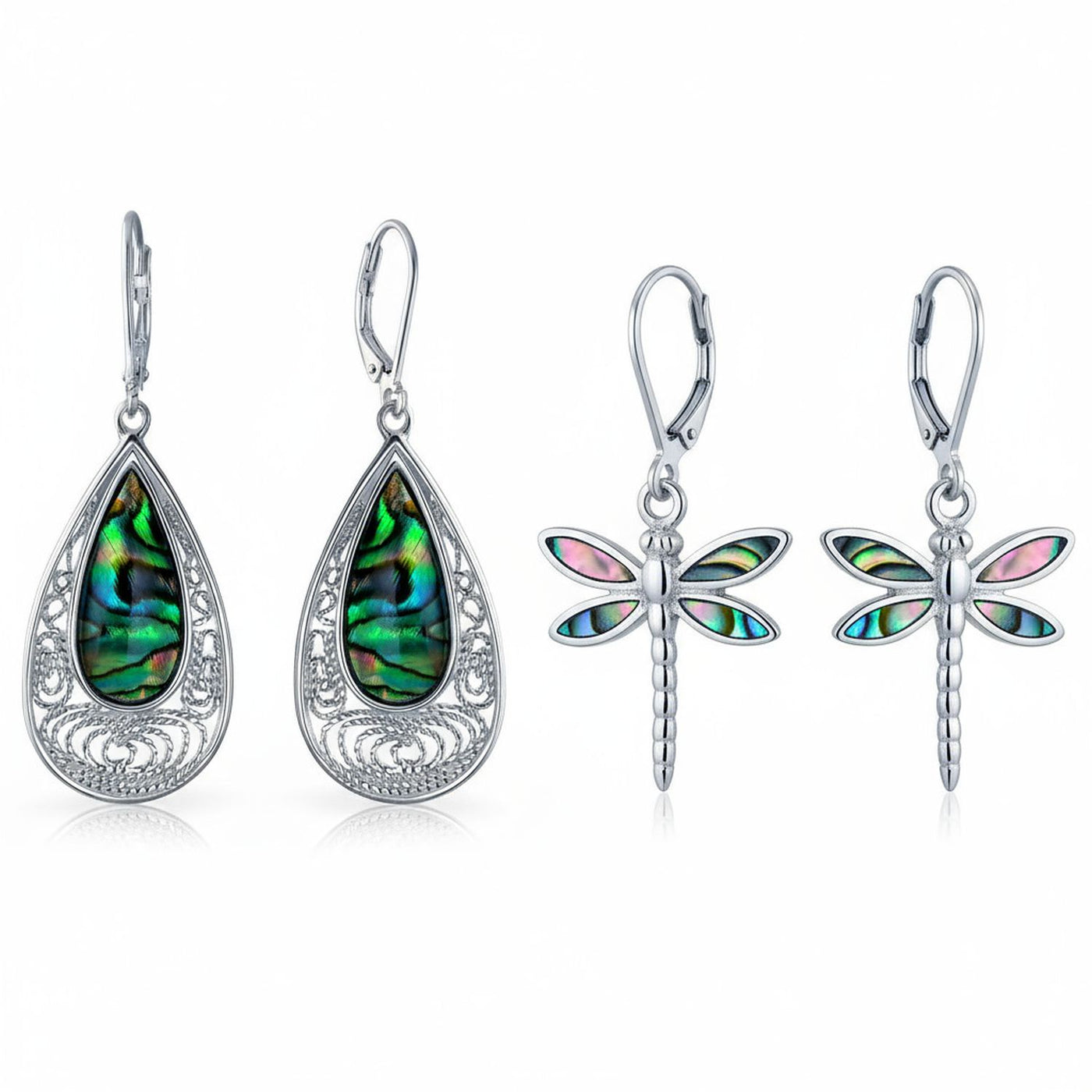 Set of 2 Butterfly Dragonfly & Filigree Teardrop Abalone Shell Dangle Earrings