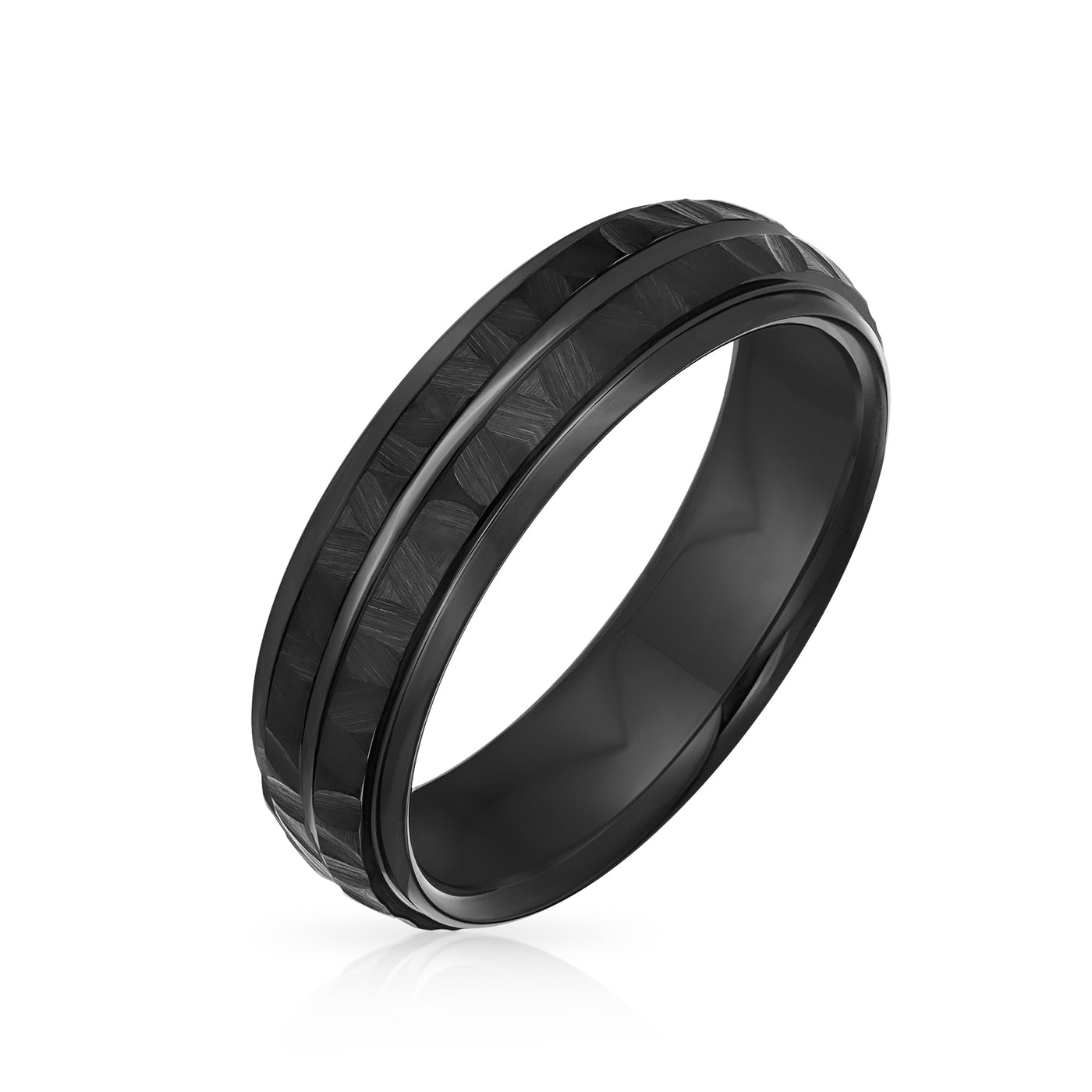 Stripe Grooved Titanium Wedding Band Ring - Black Matte Hammered Comfort Fit - Bling Jewelry
