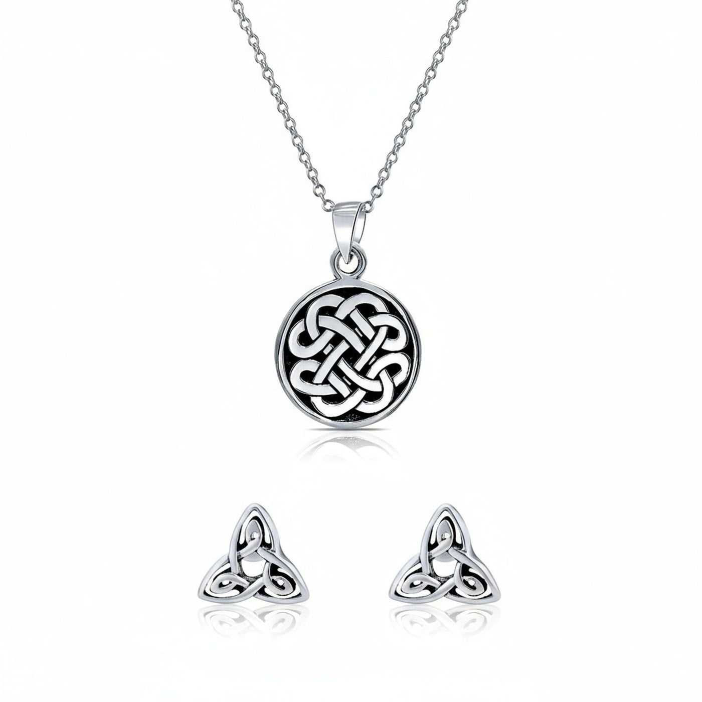 Celtic Knot Necklace & Trinity Infinity Stud Earrings Set Oxidized Silver