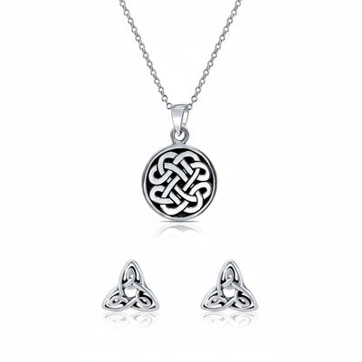 Celtic Knot Necklace & Trinity Infinity Stud Earrings Set Oxidized Silver